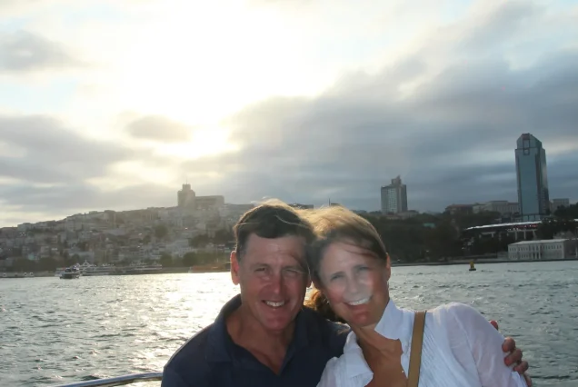 Couple on the Bosphorus sunset cruise in the evening