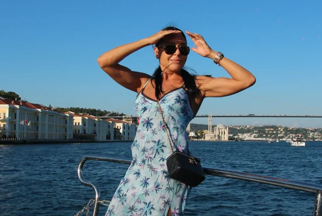 Guest in a blue dress on the Bosphorus sunset cruise