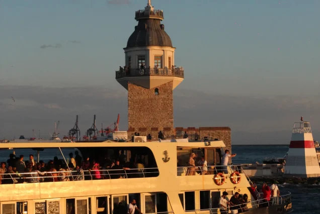 Maidens Tower Kiz Kulesi at sunset from the Bosphorus cruise